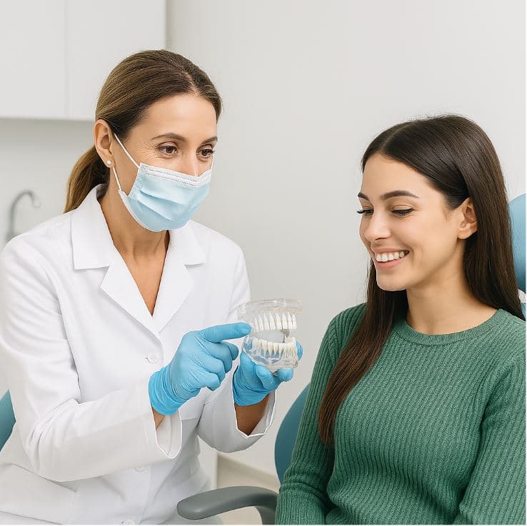 Professional dentist discussing treatment plan with a patient in a modern dental office, demonstrating our commitment to personalized care